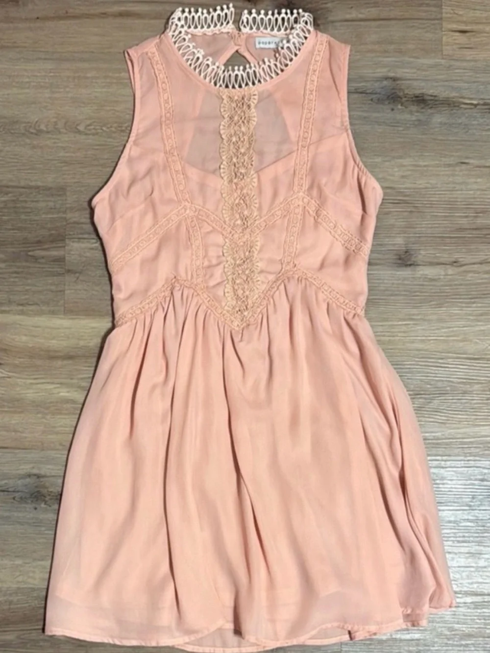 Paper Crane Blush Pink Lace-Trim Boho Babydoll Sleeveless Mini Dress - Picture 1 of 6
